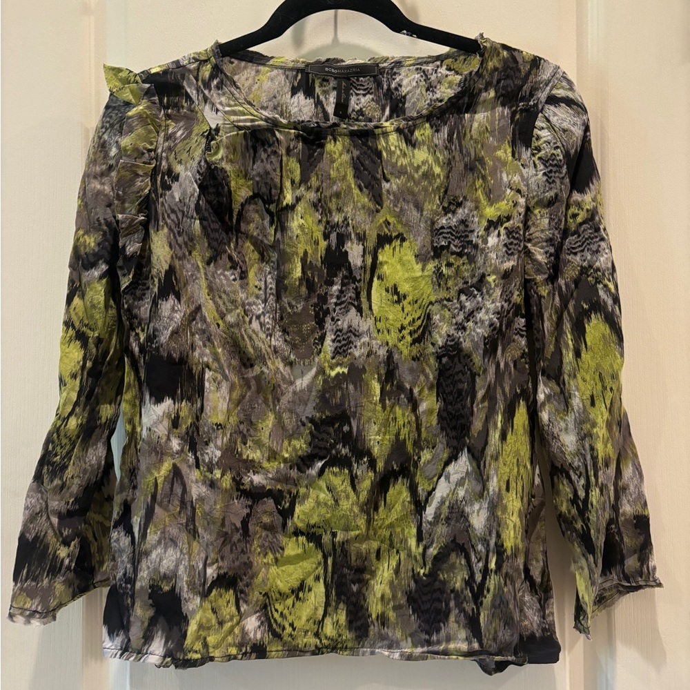 BCBGMaxAzria Abstract Green and Black Blouse
